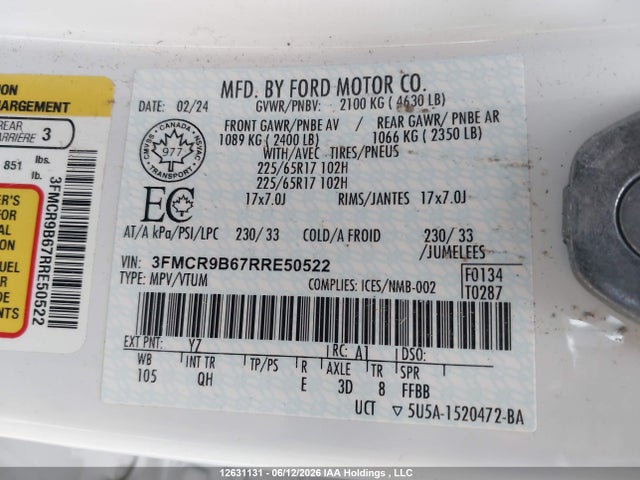 12631131 :رقم المزاد ، 3FMCR9B67RRE50522 vin ، 2024 Ford Bronco Sport مزاد بيع