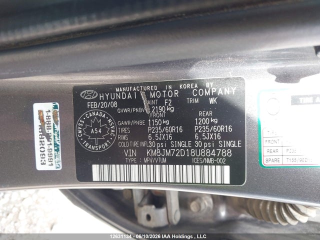 2008 Hyundai Tucson Gl V6/limited მანქანა იყიდება აუქციონზე, vin: KM8JM72D18U884788, აუქციონის ნომერი: 12631134