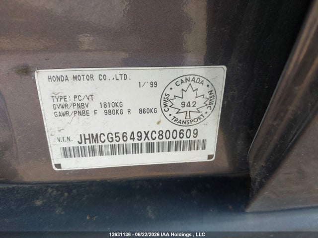Продажа на аукционе авто 1999 Honda Accord Lx, vin: JHMCG5649XC800609, номер лота: 12631136