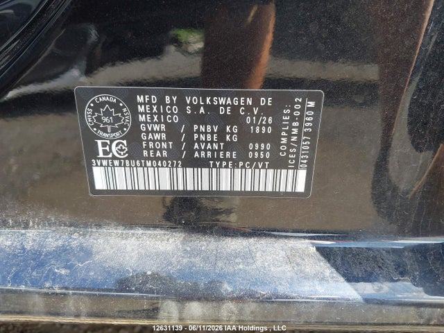 Aukcja sprzedaży 2026 Volkswagen Jetta Comfortline, vin: 3VWEW7BU6TM040272, numer aukcji: 12631139