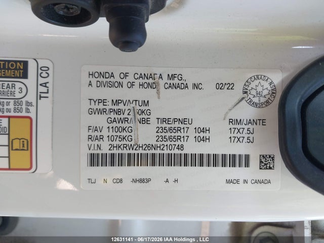 2022 Honda Cr-v Lx მანქანა იყიდება აუქციონზე, vin: 2HKRW2H26NH210748, აუქციონის ნომერი: 12631141