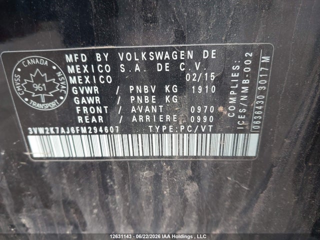 Aukcja sprzedaży 2015 Volkswagen Jetta 2.0l Trendline/2.0l Trendline+, vin: 3VW2K7AJ6FM294607, numer aukcji: 12631143