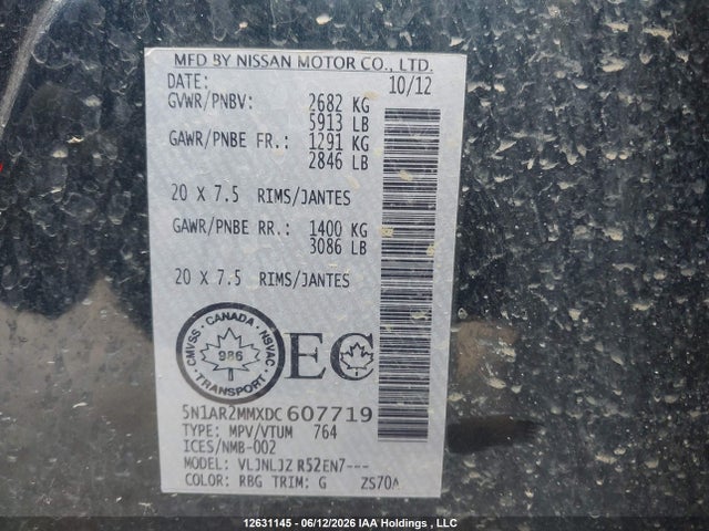 12631145 :رقم المزاد ، 5N1AR2MMXDC607719 vin ، 2013 Nissan Pathfinder S/sv/sl/platinum مزاد بيع