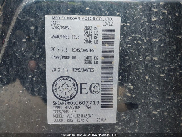 12631145 :رقم المزاد ، 5N1AR2MMXDC607719 vin ، 2013 Nissan Pathfinder S/sv/sl/platinum مزاد بيع