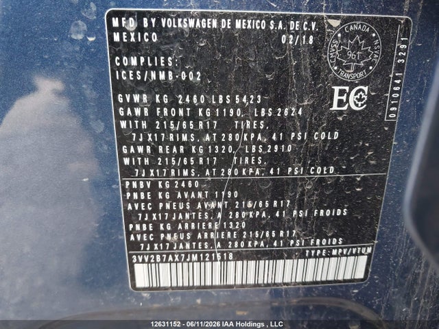 Aukcja sprzedaży 2018 Volkswagen Tiguan Se/sel, vin: 3VV2B7AX7JM121518, numer aukcji: 12631152