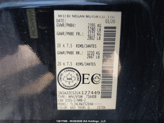 2020 Nissan Murano Sl მანქანა იყიდება აუქციონზე, vin: 5N1AZ2CS2LN127449, აუქციონის ნომერი: 12617588