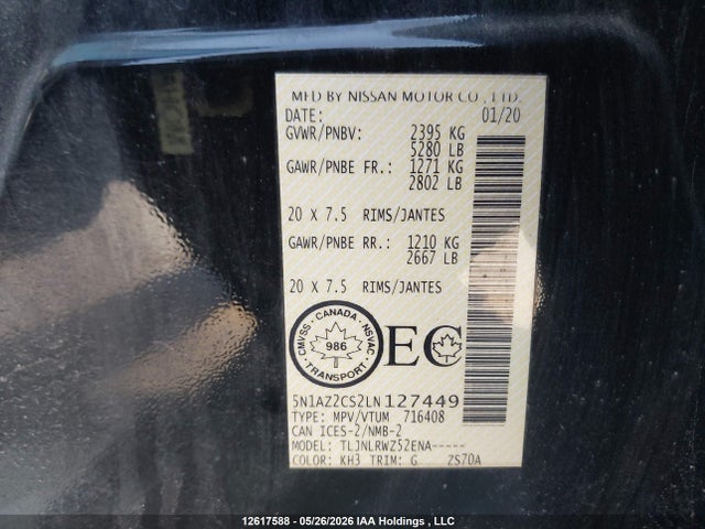 2020 Nissan Murano Sl მანქანა იყიდება აუქციონზე, vin: 5N1AZ2CS2LN127449, აუქციონის ნომერი: 12617588