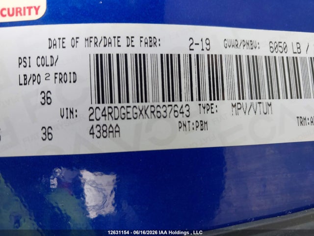 Продажа на аукционе авто 2019 Dodge Grand Caravan Gt, vin: 2C4RDGEGXKR637643, номер лота: 12631154