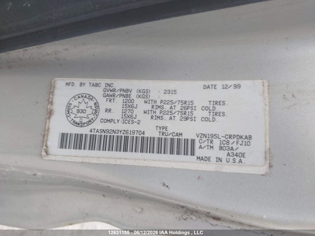 12631155 :رقم المزاد ، 4TASN92N3YZ619704 vin ، 2000 Toyota Tacoma Xtracab Prerunner مزاد بيع