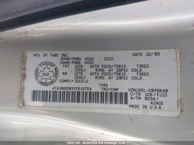 12631155 :رقم المزاد ، 4TASN92N3YZ619704 vin ، 2000 Toyota Tacoma Xtracab Prerunner مزاد بيع