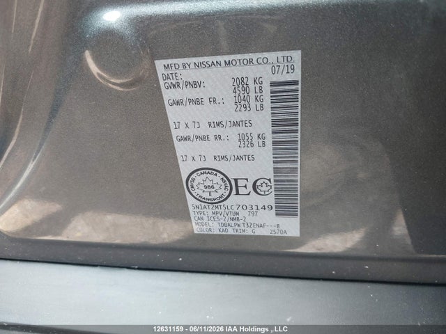 Aukcja sprzedaży 2020 Nissan Rogue, vin: 5N1AT2MT5LC703149, numer aukcji: 12631159