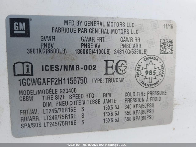 Aukcja sprzedaży 2017 Chevrolet Express 2500 1wt, vin: 1GCWGAFF2H1156750, numer aukcji: 12631161