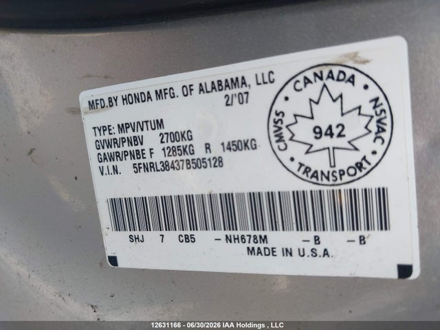 2007 Honda Odyssey მანქანა იყიდება აუქციონზე, vin: 5FNRL38437B505128, აუქციონის ნომერი: 12631166