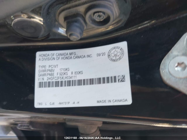 Продаж на аукціоні авто 2020 Honda Civic, vin: 2HGFC2F5XLH034111, номер лоту: 12631168