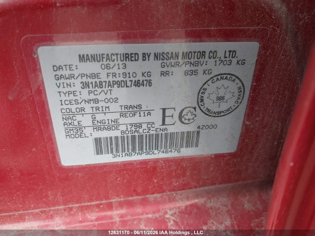 2013 Nissan Sentra S/sv/sr/sl მანქანა იყიდება აუქციონზე, vin: 3N1AB7AP9DL746476, აუქციონის ნომერი: 12631170