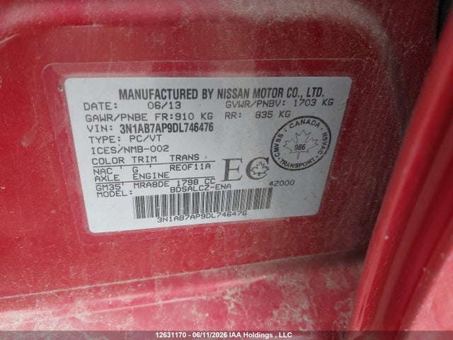 2013 Nissan Sentra S/sv/sr/sl მანქანა იყიდება აუქციონზე, vin: 3N1AB7AP9DL746476, აუქციონის ნომერი: 12631170