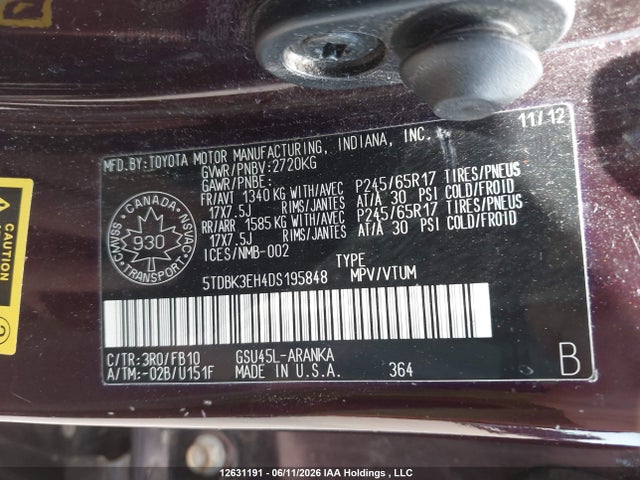 2013 Toyota Highlander V6 მანქანა იყიდება აუქციონზე, vin: 5TDBK3EH4DS195848, აუქციონის ნომერი: 12631191