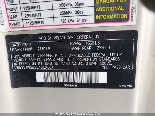 2007 Volvo C70 T5 მანქანა იყიდება აუქციონზე, vin: YV1MC68237J024664, აუქციონის ნომერი: 12631197