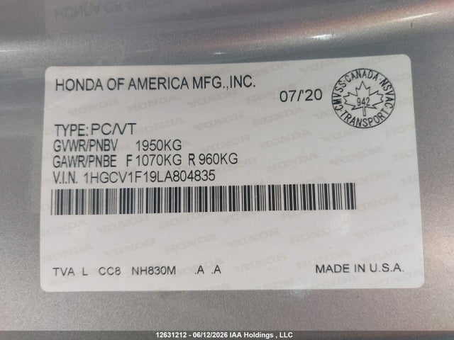 Продаж на аукціоні авто 2020 Honda Accord, vin: 1HGCV1F19LA804835, номер лоту: 12631212