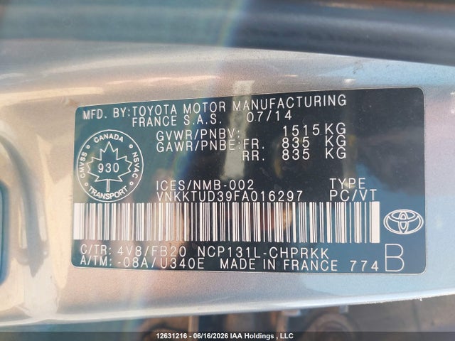 VNKKTUD39FA016297 Toyota Yaris
