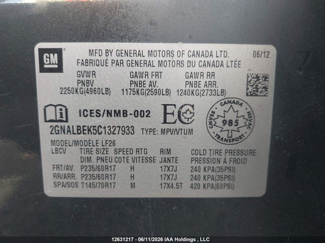 Aukcja sprzedaży 2012 Chevrolet Equinox Ls, vin: 2GNALBEK5C1327933, numer aukcji: 12631217