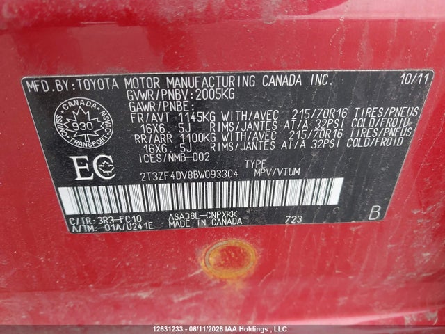 2011 Toyota Rav4 მანქანა იყიდება აუქციონზე, vin: 2T3ZF4DV8BW093304, აუქციონის ნომერი: 12631233