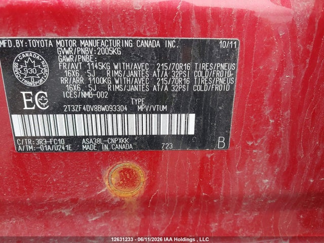 2011 Toyota Rav4 მანქანა იყიდება აუქციონზე, vin: 2T3ZF4DV8BW093304, აუქციონის ნომერი: 12631233