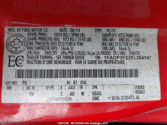 12631236 :رقم المزاد ، 1FADP3F23EL384147 vin ، 2014 Ford Focus مزاد بيع
