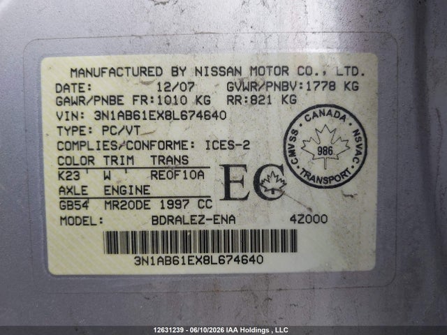 Продаж на аукціоні авто 2008 Nissan Sentra 2.0/2.0s/2.0sl, vin: 3N1AB61EX8L674640, номер лоту: 12631239