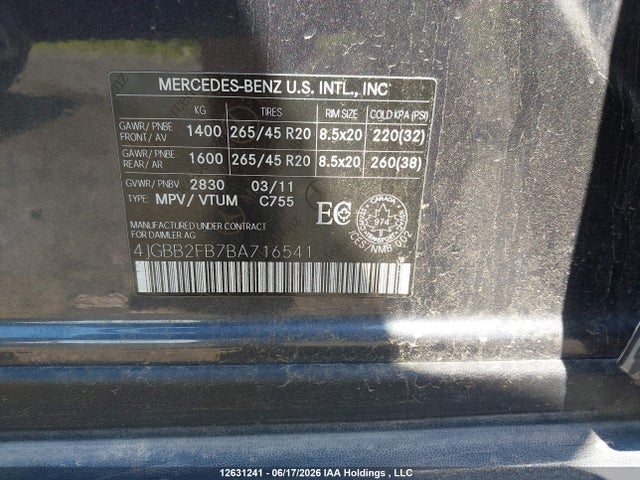 Aukcja sprzedaży 2011 Mercedes-benz Ml 350 Bluetec 4matic, vin: 4JGBB2FB7BA716541, numer aukcji: 12631241