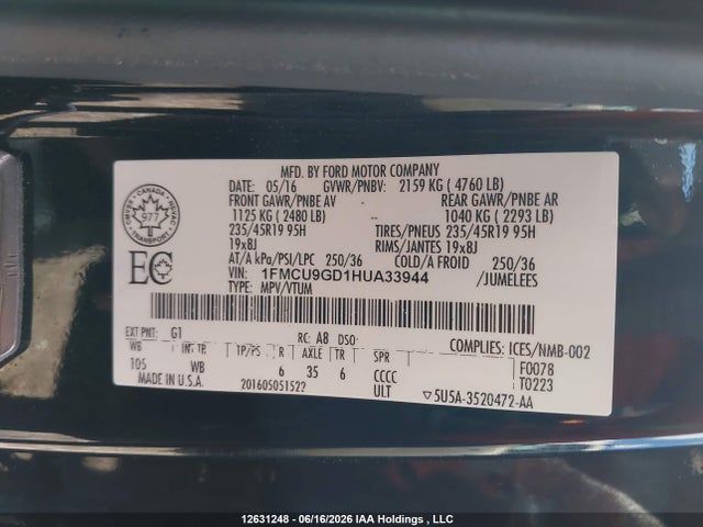 2017 Ford Escape Se მანქანა იყიდება აუქციონზე, vin: 1FMCU9GD1HUA33944, აუქციონის ნომერი: 12631248