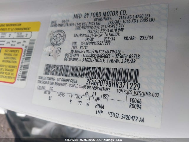 Продаж на аукціоні авто 2017 Ford Fusion Se, vin: 3FA6P0T98HR371229, номер лоту: 12631254