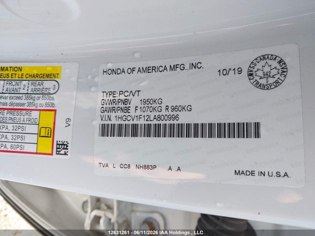 2020 Honda Accord მანქანა იყიდება აუქციონზე, vin: 1HGCV1F12LA800996, აუქციონის ნომერი: 12631261