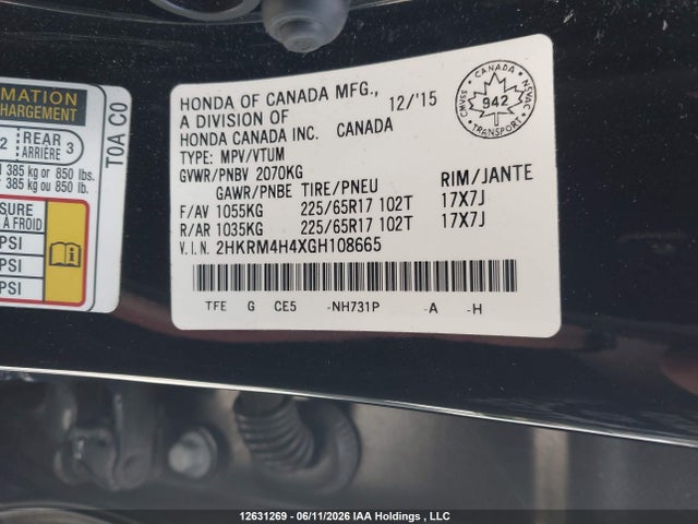12631269 :رقم المزاد ، 2HKRM4H4XGH108665 vin ، 2016 Honda Cr-v Se مزاد بيع