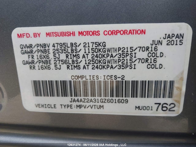 Продаж на аукціоні авто 2016 Mitsubishi Outlander Es, vin: JA4AZ2A31GZ601609, номер лоту: 12631274