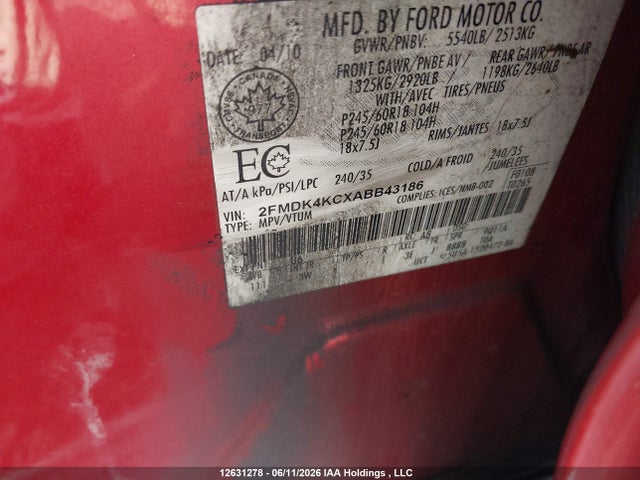 2010 Ford Edge Limited მანქანა იყიდება აუქციონზე, vin: 2FMDK4KCXABB43186, აუქციონის ნომერი: 12631278