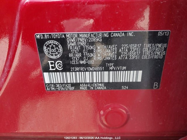 Продаж на аукціоні авто 2013 Toyota Rav4 Xle, vin: 2T3RFREV1DW046551, номер лоту: 12631283