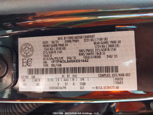 Продажа на аукционе авто 2025 Ford F150 Xlt, vin: 1FTFW3L84SKE61642, номер лота: 12631286