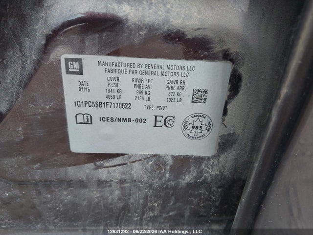 Aukcja sprzedaży 2015 Chevrolet Cruze 1lt, vin: 1G1PC5SB1F7170622, numer aukcji: 12631292