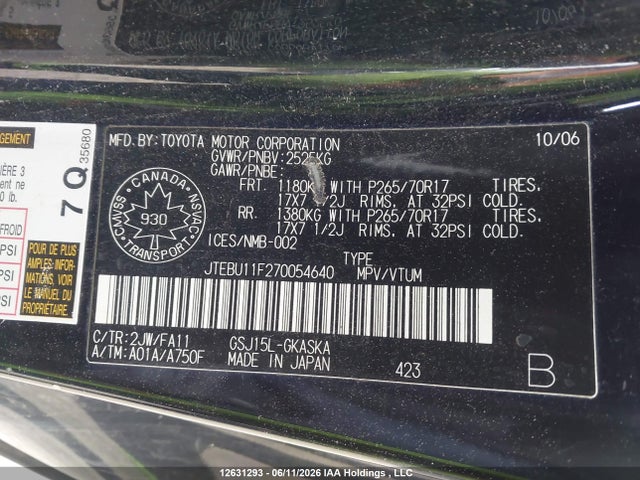 Продаж на аукціоні авто 2007 Toyota Fj Cruiser, vin: JTEBU11F270054640, номер лоту: 12631293