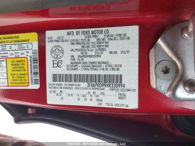 12631303 :رقم المزاد ، 3FA6P0D99HR330994 vin ، 2017 Ford Fusion Titanium مزاد بيع
