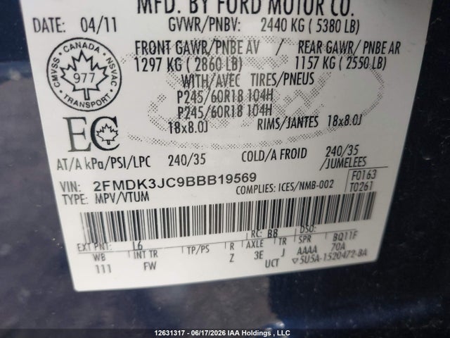 12631317 :رقم المزاد ، 2FMDK3JC9BBB19569 vin ، 2011 Ford Edge Sel مزاد بيع