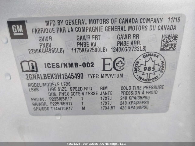 Продажа на аукционе авто 2017 Chevrolet Equinox Ls, vin: 2GNALBEK3H1545490, номер лота: 12631321
