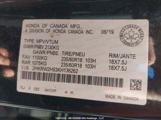 Продажа на аукционе авто 2019 Honda Cr-v Touring, vin: 2HKRW2H93KH136262, номер лота: 12631322