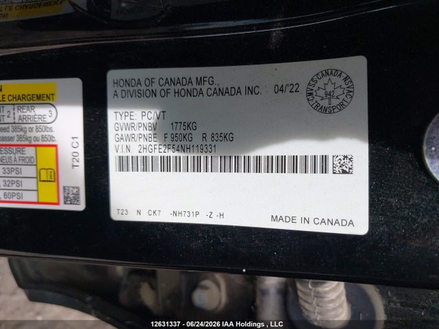 Aukcja sprzedaży 2022 Honda Civic Sport, vin: 2HGFE2F54NH119331, numer aukcji: 12631337