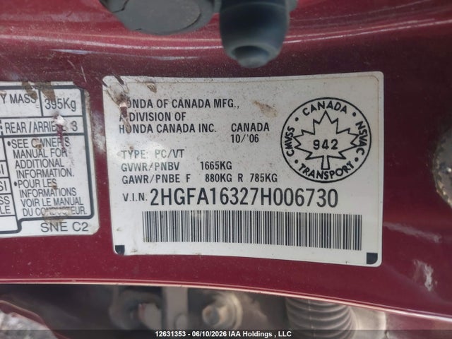 2007 Honda Civic Dx მანქანა იყიდება აუქციონზე, vin: 2HGFA16327H006730, აუქციონის ნომერი: 12631353