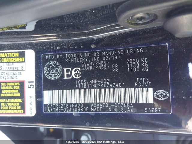 4T1B11HK2KU747401 Toyota CAMRY LE