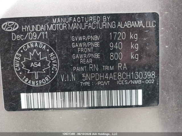 2012 Hyundai Elantra Gls/limited მანქანა იყიდება აუქციონზე, vin: 5NPDH4AE8CH130398, აუქციონის ნომერი: 12631359