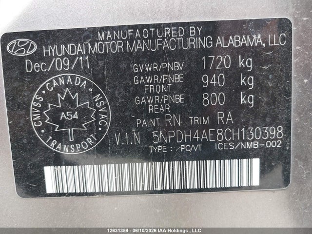 2012 Hyundai Elantra Gls/limited მანქანა იყიდება აუქციონზე, vin: 5NPDH4AE8CH130398, აუქციონის ნომერი: 12631359