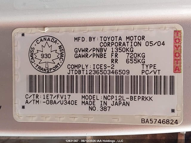 Продаж на аукціоні авто 2005 Toyota Echo, vin: JTDBT123650346509, номер лоту: 12631367